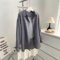 Fall Office Korean Lapel Collar Plaid Textured Loose Cardigan + Shirt
