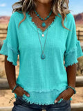 Summer Casual Short Sleeve V-Neck Loose Frayed Shirt