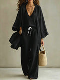 Summer Plus Size V-Neck Drawstring Wide Leg Cardigan + Pants 3-Piece Set