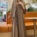 Turkish Style Pink Chiffon Plant Print Embroidered Long Dress