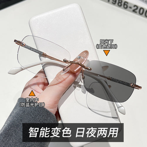 Smart Capable Change Focus Rimless Anti-Blue-Light Reading Women Fashionable Glasses Frame Outdoor Photochromic UV-Protection Glasses