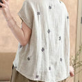 Women's Summer New Chinese Ethnic Linen Cotton Embroidered Short Sleeve Tee + Top 202 - Natural Linen