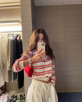 Women's Spring Korean Gentle Knit Striped Color-Block Cardigan + Jacket 2026 - Navy