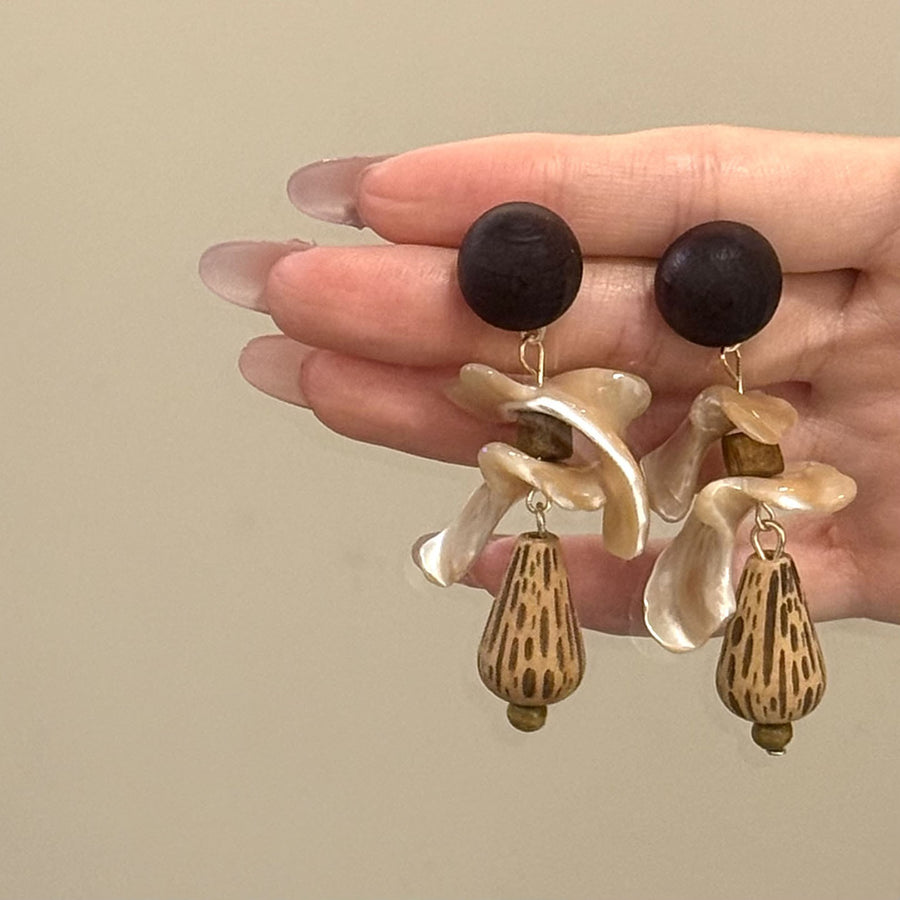 Chinese-Style Wood and Shell Teardrop Stud Earrings - view 2
