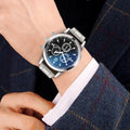 Factory Direct Vivid Blue Light Glass 3 Eye Steel Band Watch Men Quartz Watch Gift Men Overseas Watch