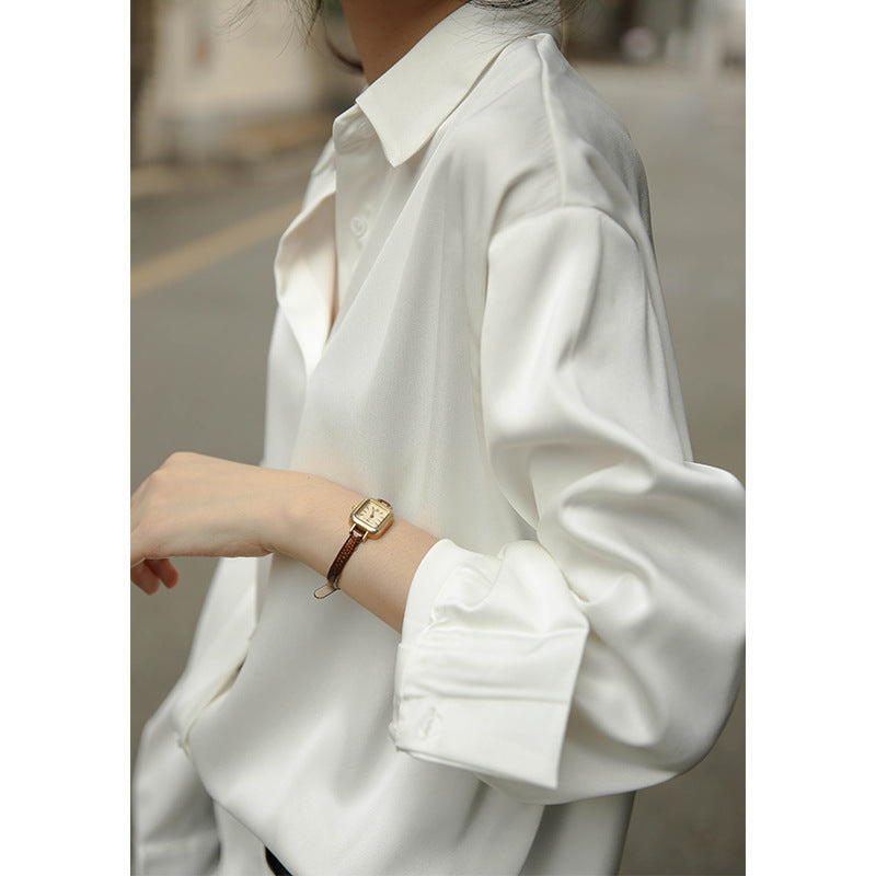Spring-Summer Retro Versatile Satin Long Sleeve Drapey Shirt
