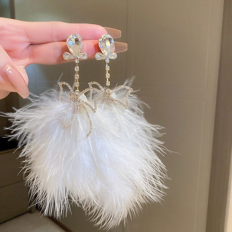 Rhinestone Bow Feather Tassel Earrings - view 8