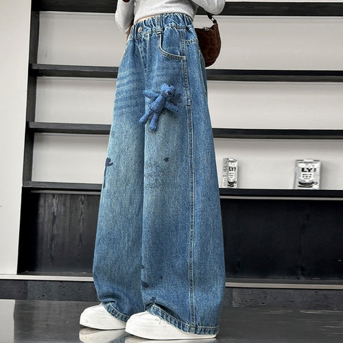 Girls' Bear Charm Denim Wide-Leg Pants - Trendy
