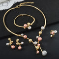 2025 Year Korean Fashionable 3 Color Round Bead Necklace Bracelet Set Earrings Ring Set Retro Accessory Long Sweater Chain