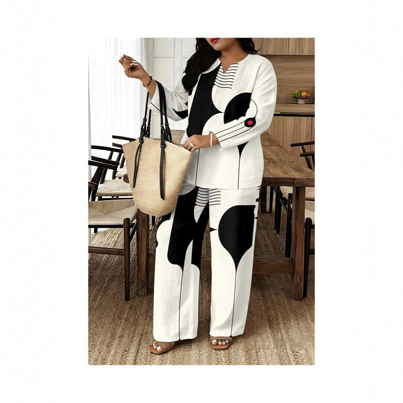 Women's Ethnic Retro Plus Size Long Sleeve V-Neck Printed Drapey Top Set 2026 - 1