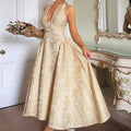 Retro Embossed Floral Pattern V-Neck Sleeveless Swing Dress