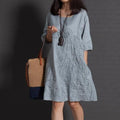 Korean Style Plus Size Cotton Linen Embroidered Short Sleeve Dress