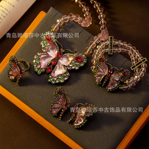 Vintage Accessory vintage Fairy Aura Float Colorful Butterfly Jewelry Set Sweet Cute Stud Earring Necklace Set Accessory