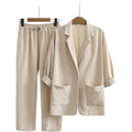 Women's Linen Cotton 3/4 Sleeve Textured Loose Elastic Jacket + Pants Set 2026 - Black