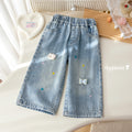 Girls' Star Embroidery 3D Plush Relaxed Jeans - Fall