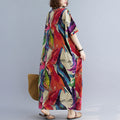 Women's Summer Vacation Minimal Plus Size Linen Cotton V-Neck Printed Loose Long Skir - Apricot