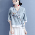 2025夏棉麻飞鸟衔花刺绣V领斜珠扣中袖上衣女中国风复古茶服小衫