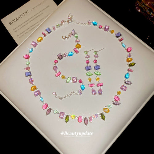 Fresh Sweet Minimal Colorful Cubic Zirconia Square Necklace Set Fashionable Clavicle Chain Light Luxury Premium Necklace Women