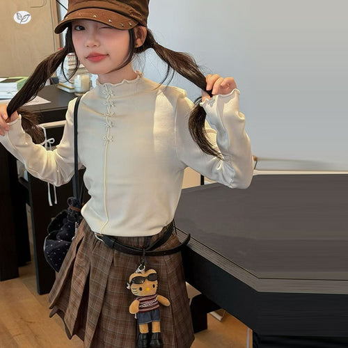 Girls' Scalloped Long Sleeve T-Shirt - 3D Bow Detail