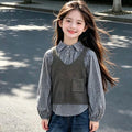 Girls' Puff Sleeve Plaid Shirt Vest Denim Pants Three-Piece Set