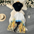 Summer Retro Unique Sleeveless Pleated Shirt + Long Skirt 2-Piece Set