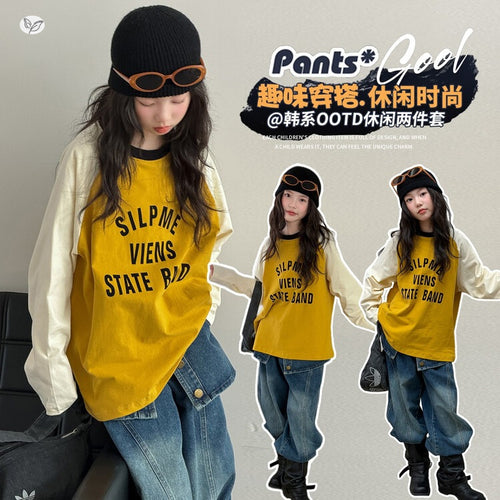 Girls' Letter Print Raglan Tee Flap Back Jeans Set
