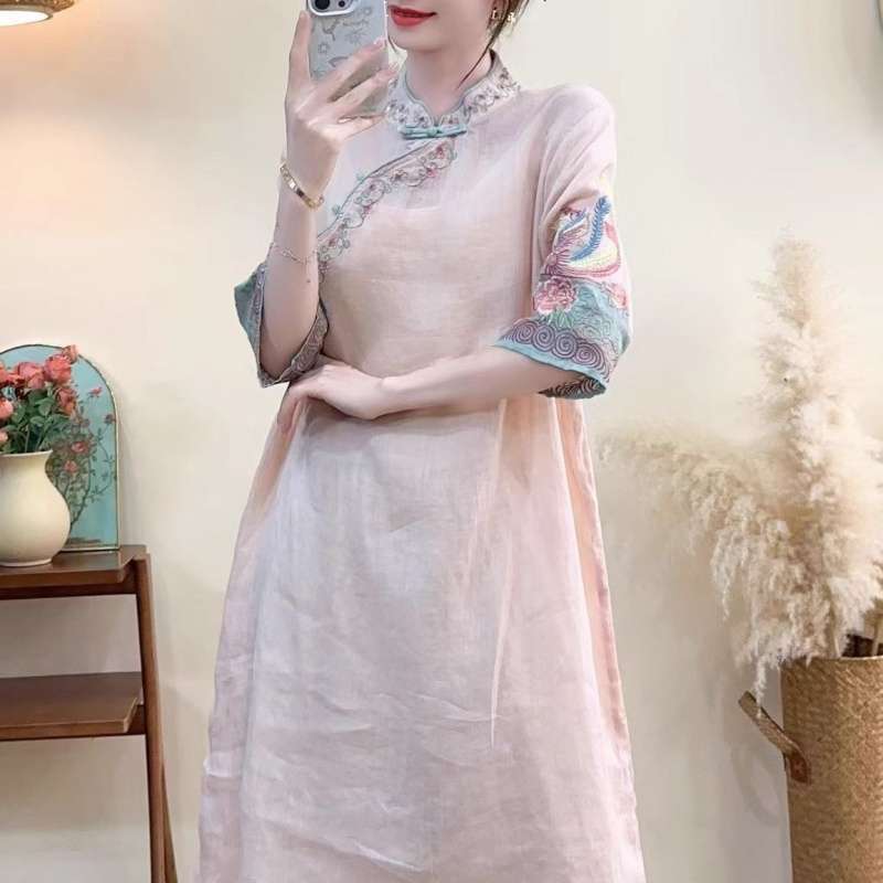 Retro Button-Front Heavy Embroidery Stand Collar Breathable Mid-Length Dress