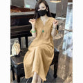 New Chinese Style Heavy Embroidery V-Neck Long Dress, Loose Slimming