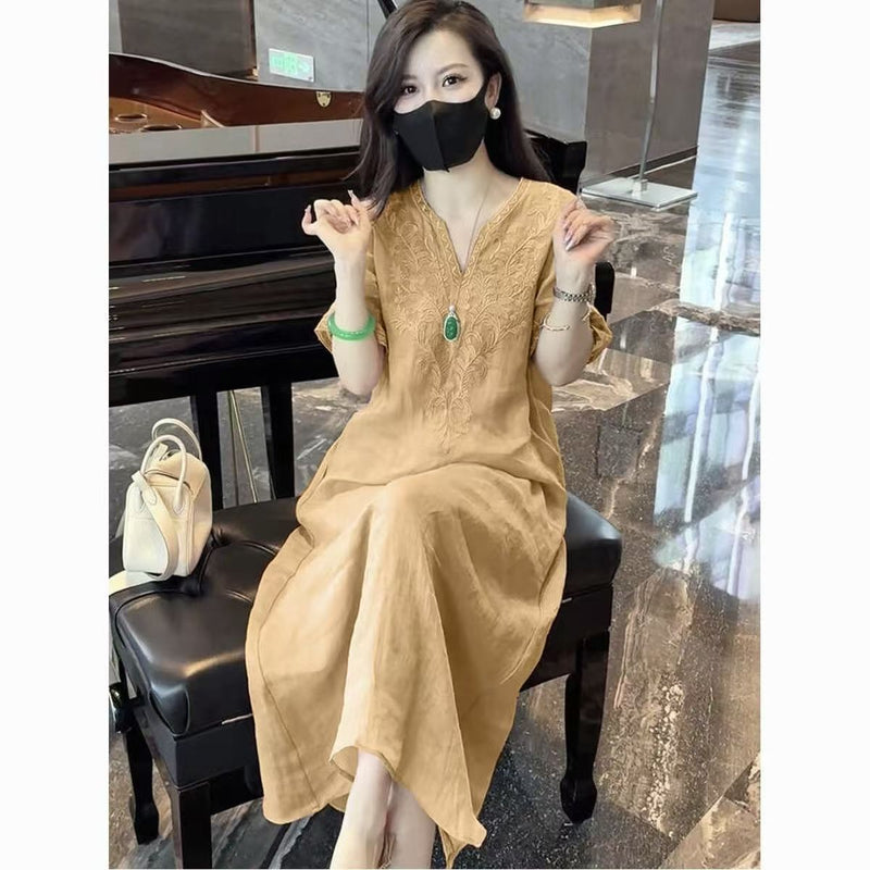 New Chinese Style Heavy Embroidery V-Neck Long Dress, Loose Slimming