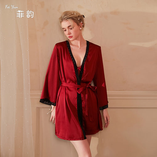 菲韵性感晨袍睡衣女冰丝睡袍纯欲浴袍长袖丝绸蕾丝睡衣家居服415