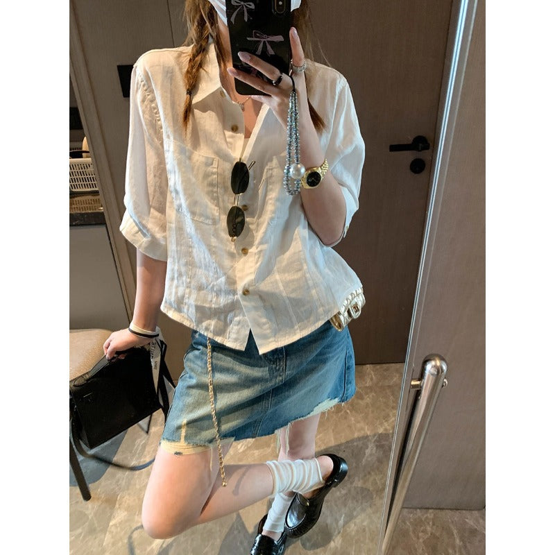 Slimming Versatile Linen 3/4 Sleeve Lapel Collar Loose Shirt
