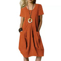 Cotton Linen Round Neck Short Sleeve Dress - Casual Solid Color Summer Dress