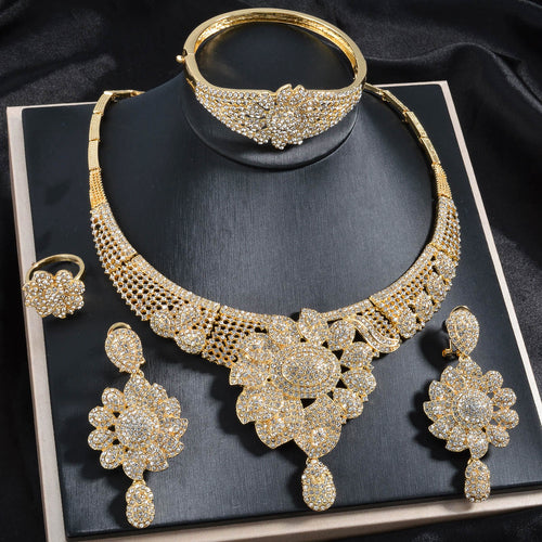 Overseas Bead Gem Middle East Dubai Necklace Bracelet Set Earrings Ring 4-Piece Set Wear Flower Full Diamond Pendant Luxury Set