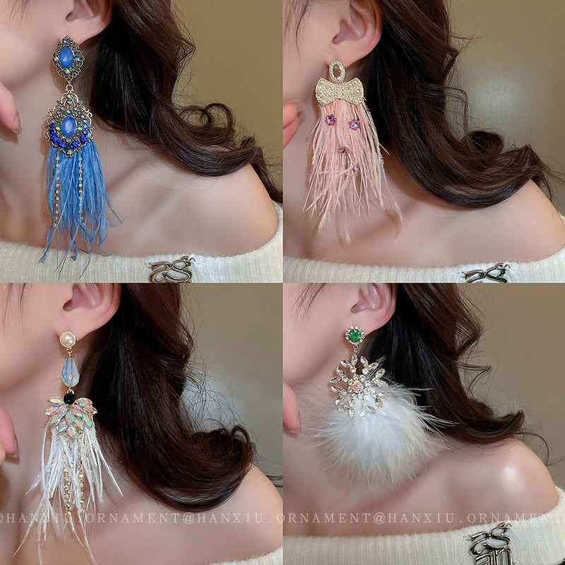 Rhinestone Bow Feather Tassel Earrings - view 2
