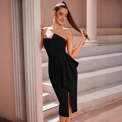 Women's Ruffle Waist-Cinching Asymmetric Evening Gown