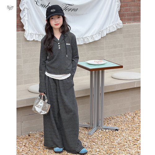 Girls' Striped Contrast Faux Layered Hoodie Wide-Leg Pants Set