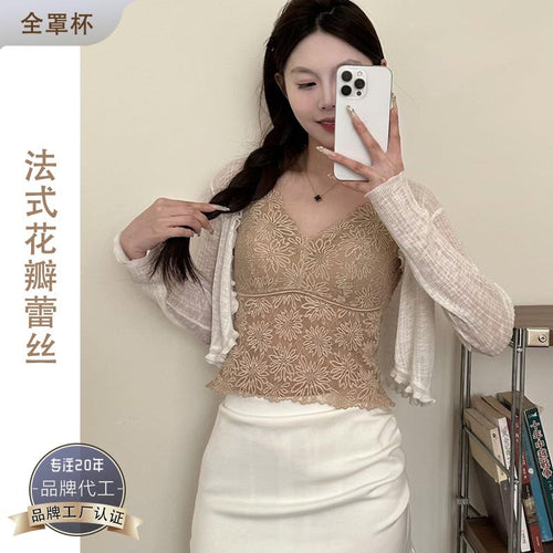 法式吊带夏花瓣蕾丝花边性感蝴蝶美背带罩杯可外穿精致中长款背心