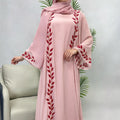 Turkish Style Pink Chiffon Plant Print Embroidered Long Dress