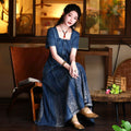 Square Collar Retro Denim Heavy Embroidery A-Line Dress 82693