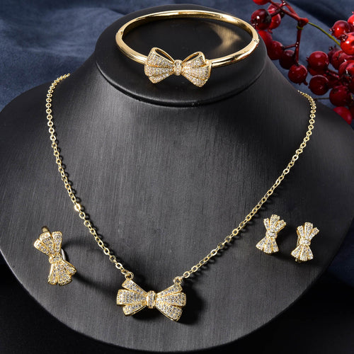 Overseas Dubai Gold 18K Necklace Earrings Set Ring Bracelet Set Bow Cubic Zirconia Design Detail Clavicle Chain Accessory Set