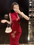 New Chinese Style Red Embroidered Cheongsam Bodycon Long Dress