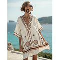 Bohemian Print V-Neck Loose Beach Dress, Summer Sun Protection