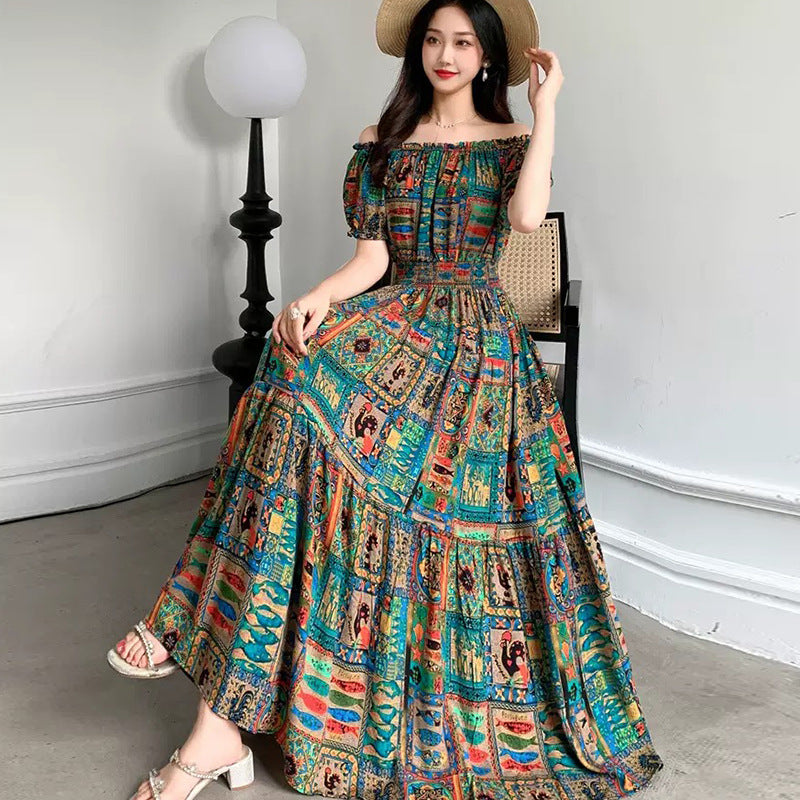 Rayon Floral Off-Shoulder Elastic Waist Bohemian Beach Dress