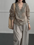 Summer Korean Slimming Ramie Embroidered Long Sleeve Patchwork Loose Shirt