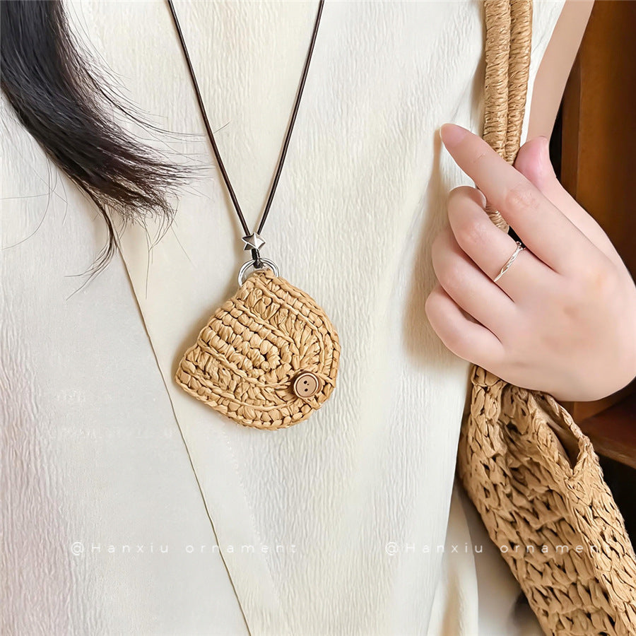 Woven Coconut Shell Glasses Holder Necklace with Leather Cord - view 3