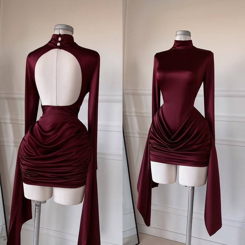 In Stock 2026 Fall Mock Neck Long Sleeve Backless Pleated Mini Dress