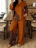 Women's Ethnic Retro Plus Size Long Sleeve V-Neck Printed Drapey Top Set 2026 - 1