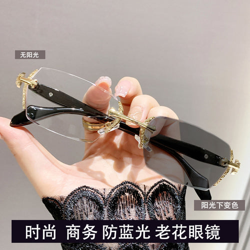 Beveled Rimless Presbyopia Glasses Fashionable Overseas Anti-Blue Metal HD Elderly Older Adults One Single Vision Reading Glasses