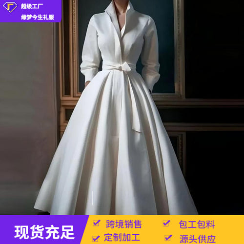 法式轻婚纱新娘速卖通复古简约森系立领长款气质V领出门晚礼服女