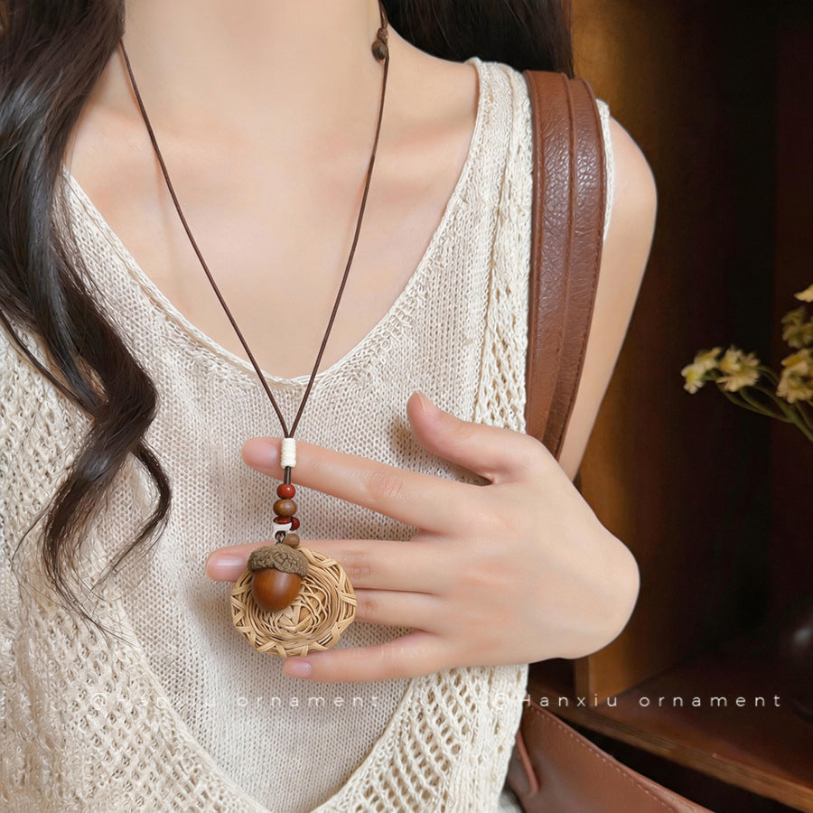 Bohemian Wooden Bead Woven Round Necklace - view 3